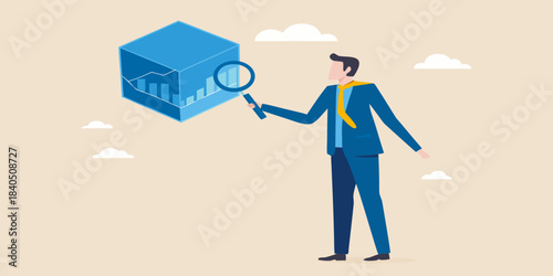 Business analysis concept with a man examining data within a cube