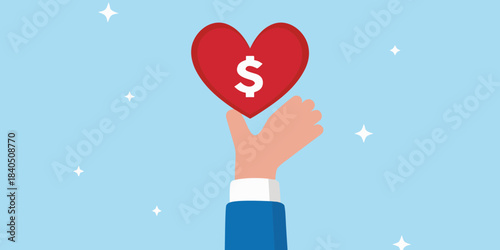 A hand offering a red heart with a dollar symbol inside