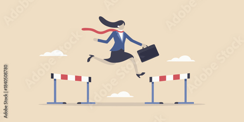 Businesswoman successfully jumping over hurdles symbolizing overcoming challenges and achieving goals