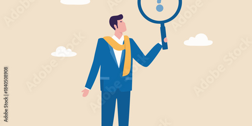 A businessman uses a magnifying glass to investigate something above him