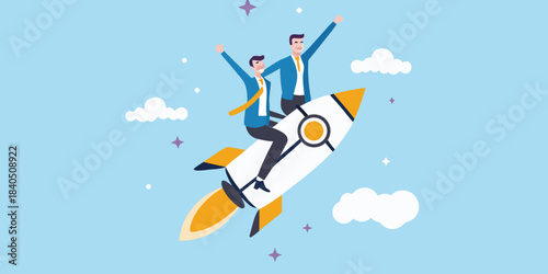 Businessmen celebrating success riding a rocket ship through a bright cheerful sky