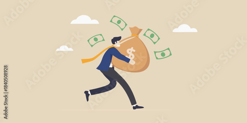 A person running with a large bag of money escaping with stolen funds