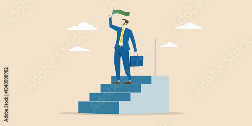 Business success a man triumphantly stands on steps with a green flag
