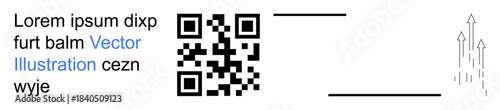 Technology, data exchange, business growth, innovation, communication, scanning tools. QR code with placeholder text and abstract lines with upward arrows. Technology and data concepts visualization