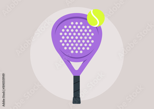 A vibrant purple padel racket rests beside a bright yellow ball, suggesting a fun game awaits in a sunny outdoor space perfect for friends and family