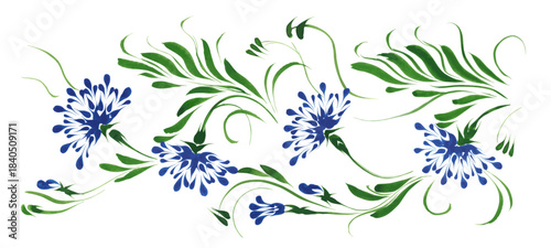 Vector floral composition from hand painted blue flowers on a white background