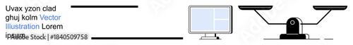Technology, justice, digital balance, decision-making, fairness, equality. Computer screen alongside a balance scale. Technology and justice with decision-making