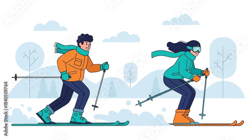 A couple on a sled in the snow, a fun winter sport illustration