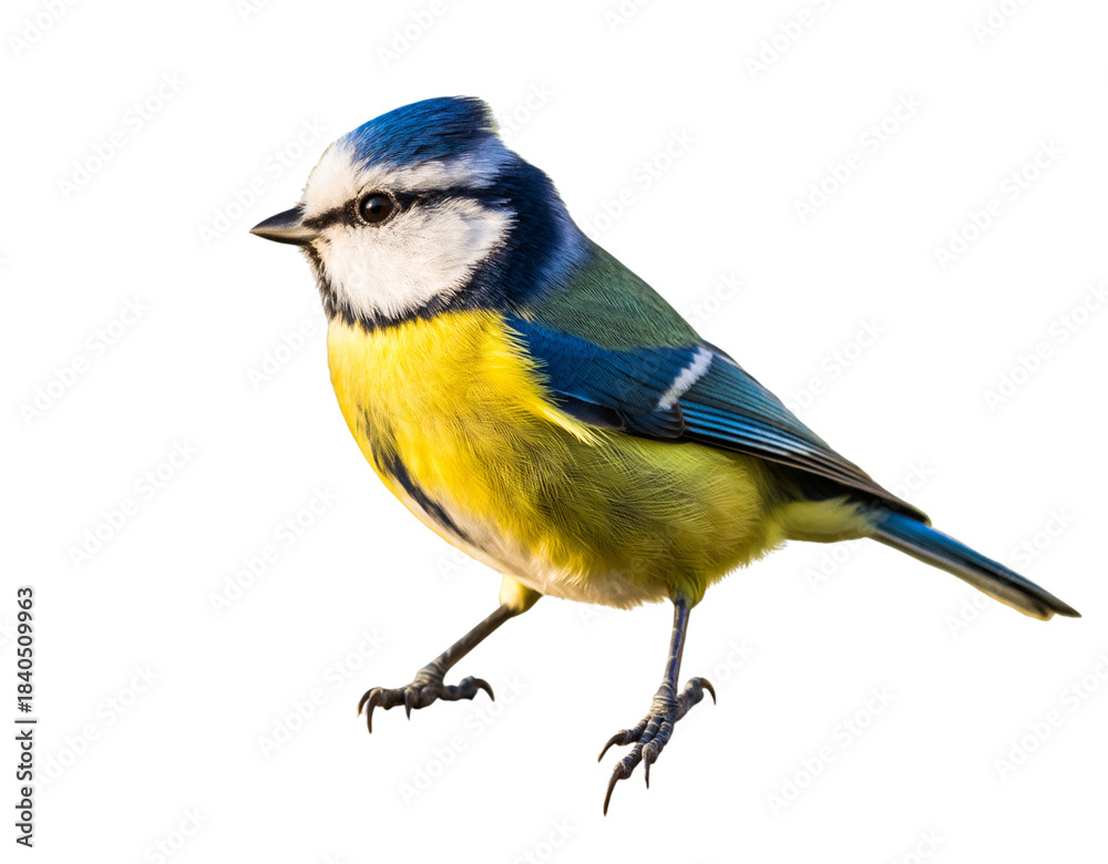 Obraz premium Blue Tit bird with yellow breast and blue head on black background wildlife nature