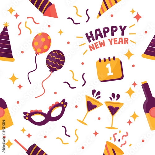 Happy new year celebration seamless pattern with festive party elements, holiday decorations, and greeting text