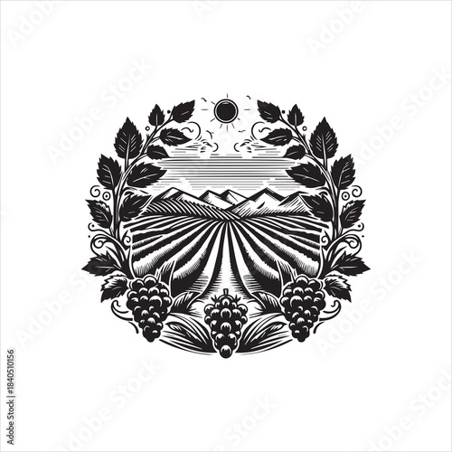 Vintage Vineyard Landscape Logo Vector Illustration for Wine and Agriculture Brands