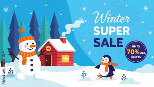 Cartoon snowman, snow, house, and tree decoration, for winter super sale banner