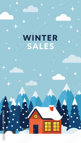 Winter landscape snowy house, trees, and snow, vector illustrtion