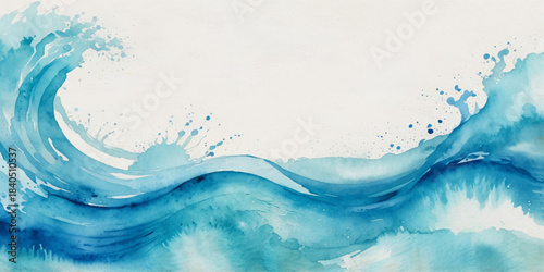 Ocean wave painted in watercolor, isolated on white background, Abstract wavy water ocean background. Abstract ocean splashing waves.	
	
