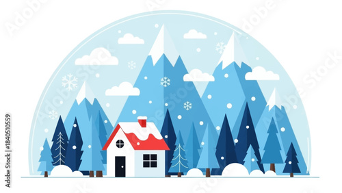 Winter landscape with village houses and snow-covered forest trees, a cozy holiday home scene illustration