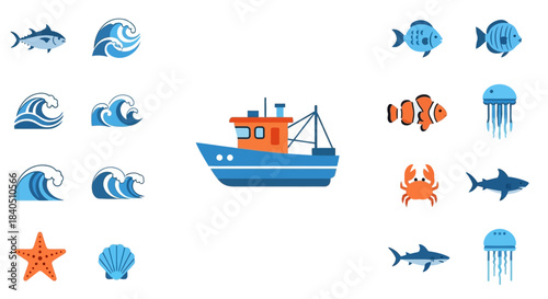 Marine Life and Fishing Boat Illustration Collection.