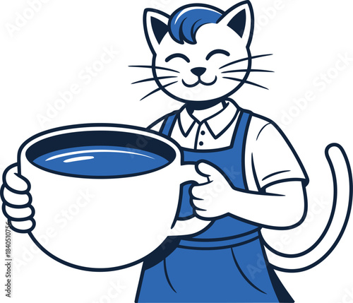 Friendly smiling cat barista mascot wearing a blue apron proudly holding a large steaming mug of coffee or tea
