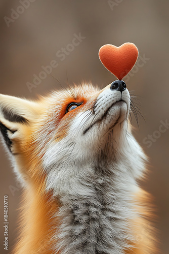 Red fox balancing a soft orange heart on its nose, symbolizing affection, love, romance, and friendship in a cute Valentine's Day or animal-themed concept