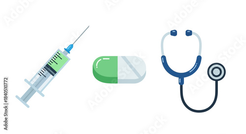 Medical Tools - Syringe, Pill, and Stethoscope for Healthcare.