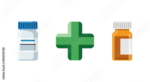 Medication Combination - Two Pill Bottles with a Green Cross.