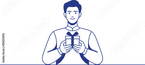 Smiling man holding a small wrapped gift box with a bow in a minimalist blue and white line art style