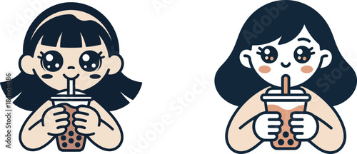 Two cute kawaii girls enjoying delicious sweet bubble tea drinks with tapioca pearls through straws