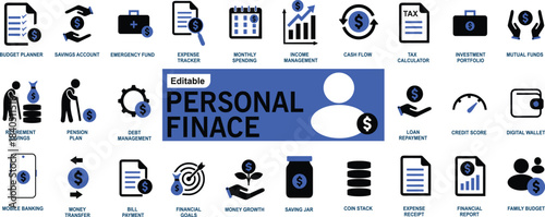 Complete Personal Finance Icon Set Banking Investment Management Retirement Planning Savings Budget Tax Mortgage Loan Debt Strategy Vector