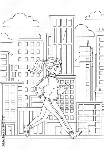 a girl on a morning run through the streets of the city. coloring book