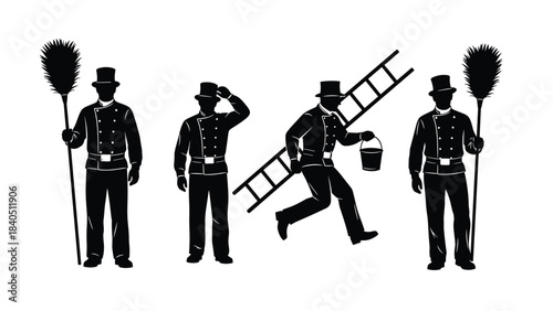 Classic Chimney Sweep Silhouette Vector Set: Running Man, Lucky Charm, Traditional Top Hat, Brush, and Ladder Icons, Professional Cleaning Service Logo Concept