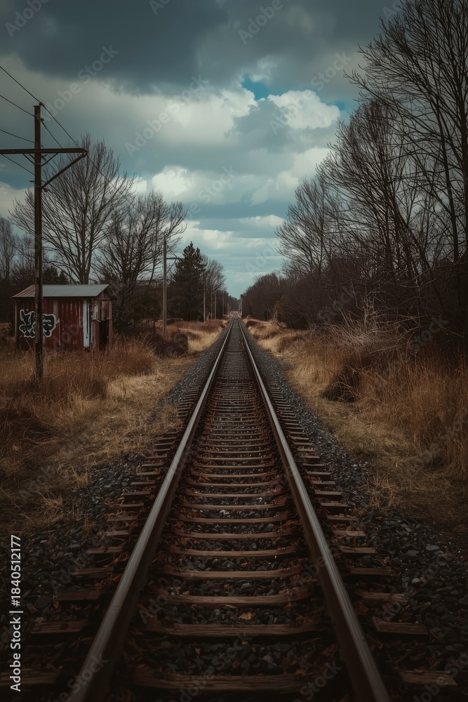 Fototapeta premium A captivating view of a long, straight railway track receding into the hazy distance, creating a powerful sense of leading lines and perspective. The scene is framed by skeletal, bare trees and dry, g