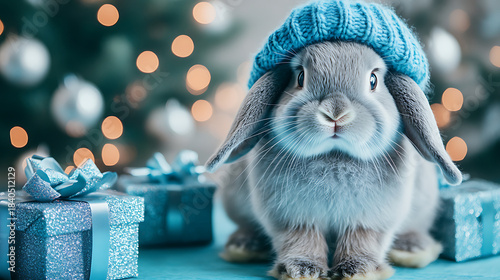 Cute rabbit wearing a blue knitted beanie hat, celebrating holidays with glittering gift boxes, Christmas tree lights and festive bokeh background, conveying winter warmth and joy