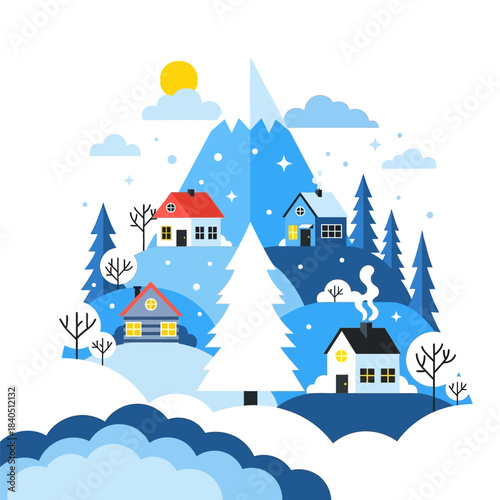 Vector illustration of a cartoon a snowy winter village landscape