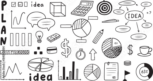 Business doodles hand drawn icons. Management infographic concept with financial business career development elements black and white vector art 