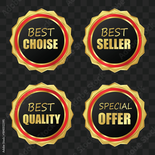 Four golden and black circular badges with red borders, featuring texts like 'BEST CHOISE', 'BEST SELLER', 'BEST QUALITY', and 'SPECIAL OFFER', against a transparent background.