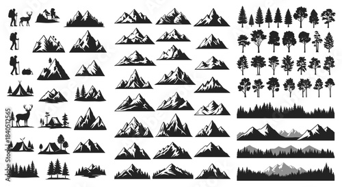 Vector set of mountains, pine trees, hiking silhouettes, camping tents, deer, and forest landscapes for outdoor adventure travel logo design.