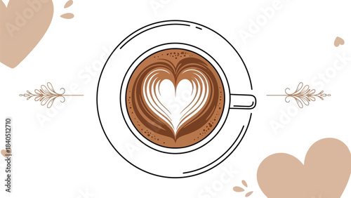 Overhead view of a beautiful coffee cup featuring heart shaped latte art surrounded by soft decorative elements