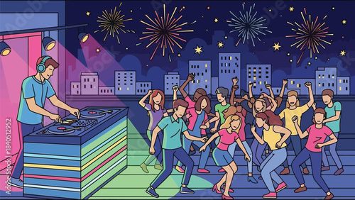 Energetic rooftop party with a dj spinning music under a vibrant city skyline and fireworks display