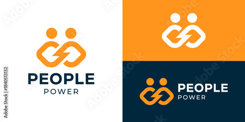 Creative simple people power logo template. People human person with lightning bolt for People connect logo design vector illustration.
