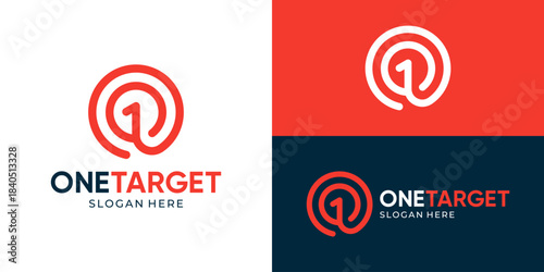 Creative simple one target logo template. Abstract bullseye dart with One symbols for Targeting bussiness goal.
