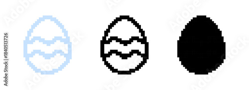 A pixelated version of Easter egg icons with wave patterns, designed in blue, black, and solid black styles, perfect for retro-style Easter graphics.