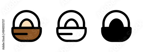 A set of three basket icons, each containing an egg, displayed in brown, white, and black outlines, symbolizing Easter traditions and egg hunting.