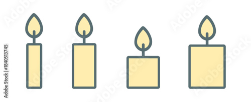 A set of minimalist icons representing candles with a flame, perfect for Easter and religious designs, presented in yellow with different shapes.