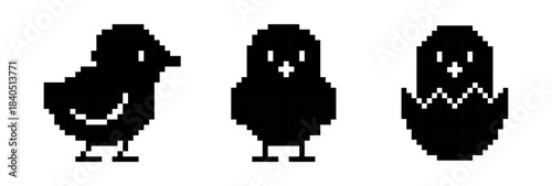 A black silhouette of a chick standing, another chick as a fluffy ball, and a third chick hatching from an egg, with a minimalist design for Easter-themed use.