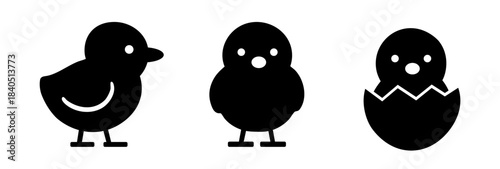 Pixelated Easter chick icons with variations of a standing chick, a fluffy chick, and a chick hatching from an egg, all in pixel art style, ideal for retro Easter graphics.