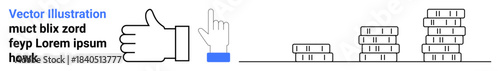 Success, decision-making, financial growth, wealth management, progress, economy. A thumbs-up gesture next to a hand and stacks of coins. Success and financial growth concepts