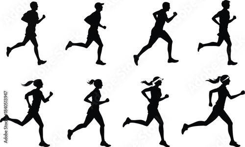 Silhouettes of Men and Women Running in Various Poses on White Background – Athletic Jogging and Fitness Illustration