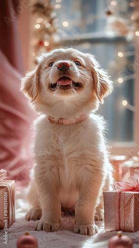 Golden retriever puppy sitting on a soft blanket amid glittery pink gift boxes and ornaments, smiling under warm bokeh string lights for a festive holiday scene
