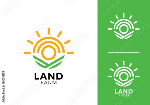 simple sun farmland logo. modern agriculture, green field, farm food vector design concept