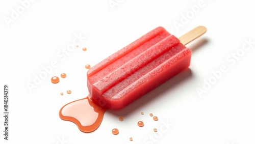 Brightly lit red fruit popsicle melting slowly on a clean white surface creating sweet sticky drips and drops of liquid