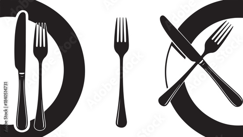 Black and White Icons of Cutlery and Plates for Dining and Restaurant Keywords: cutlery, fork